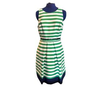 Eliza J Striped Fit & Flare Dress Sleeveless Green‎ White Belted Size 8